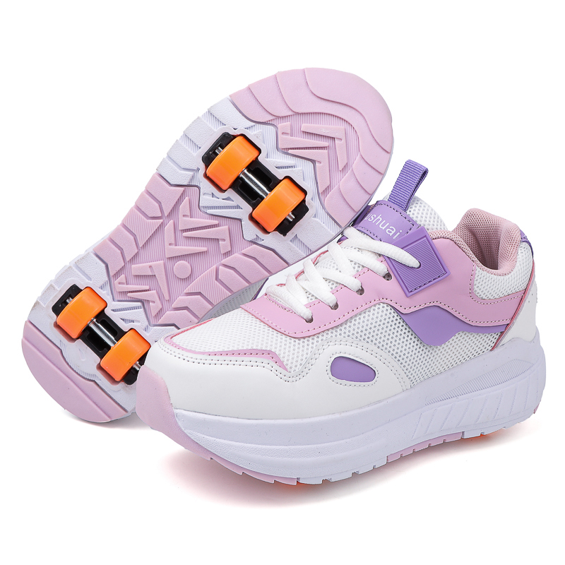 Running Shoes - รองเท้าสเก็ตสำหรับเด็ก 4 ล้อ รองเท้าผ้าใบมีล้อถอดได้ สำหรับเด็กผู้หญิง กีฬากลางแจ้ง
