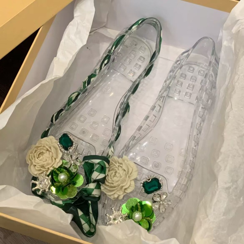 Sandals - รองเท้าแตะเปิดนิ้วเท้าทรงสี่เหลี่ยมสไตล์ใหม่พร้อมรองเท้าสไตล์เยลลี่รองเท้า DlY ดอกไม้ทําด้วยมือด้วยคริสตัลและ Nettin